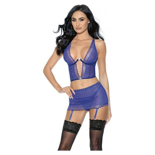 &#039;=lace &amp; Mesh Long Line Bra, Garter Skirt &amp; G-string Midnight Blue Large Escante inc