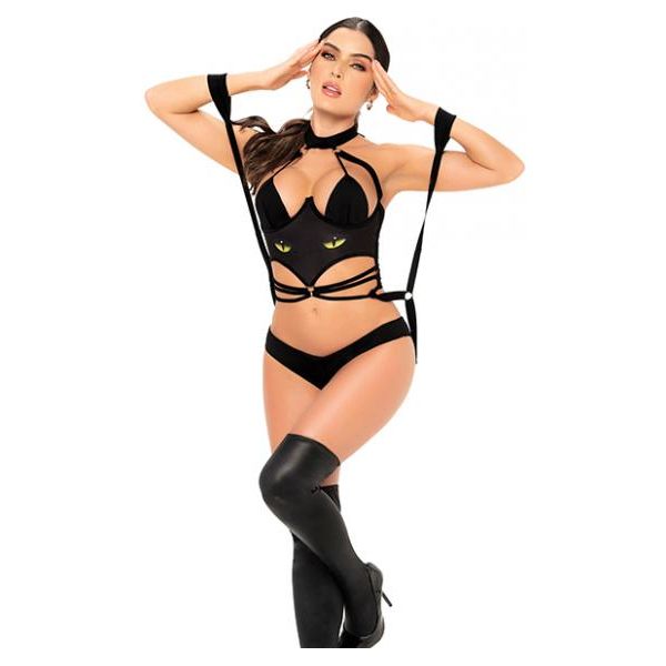 1 Pc Cat Girl Bodysuit W/attached Wrist Straps Black S/m Mapale